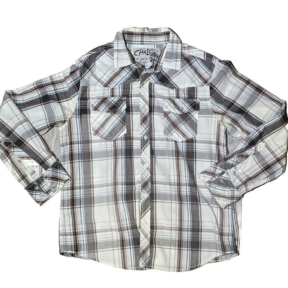 CHALC Men's Large Button Down Plaid Western Shirt Pearl Snap Tri-Color Beige